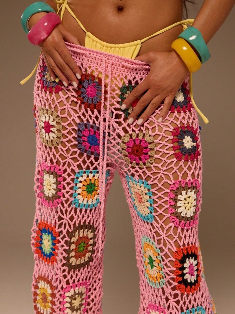Multicolor Boho Women's Mixed Crochet Knit Wide Leg Cover-Ups - Picture 4 of 5
